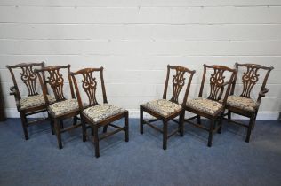 A SET OF SIX REPRODUCTION OAK CHIPPENDALE STYLE CHAIRS, including two carvers, open armrests, with