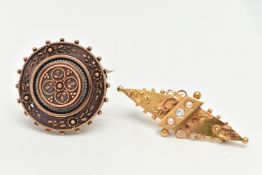 TWO LATE VICTORIAN BROOCHES, the first of marquise outline, the central diagonal panel set with an