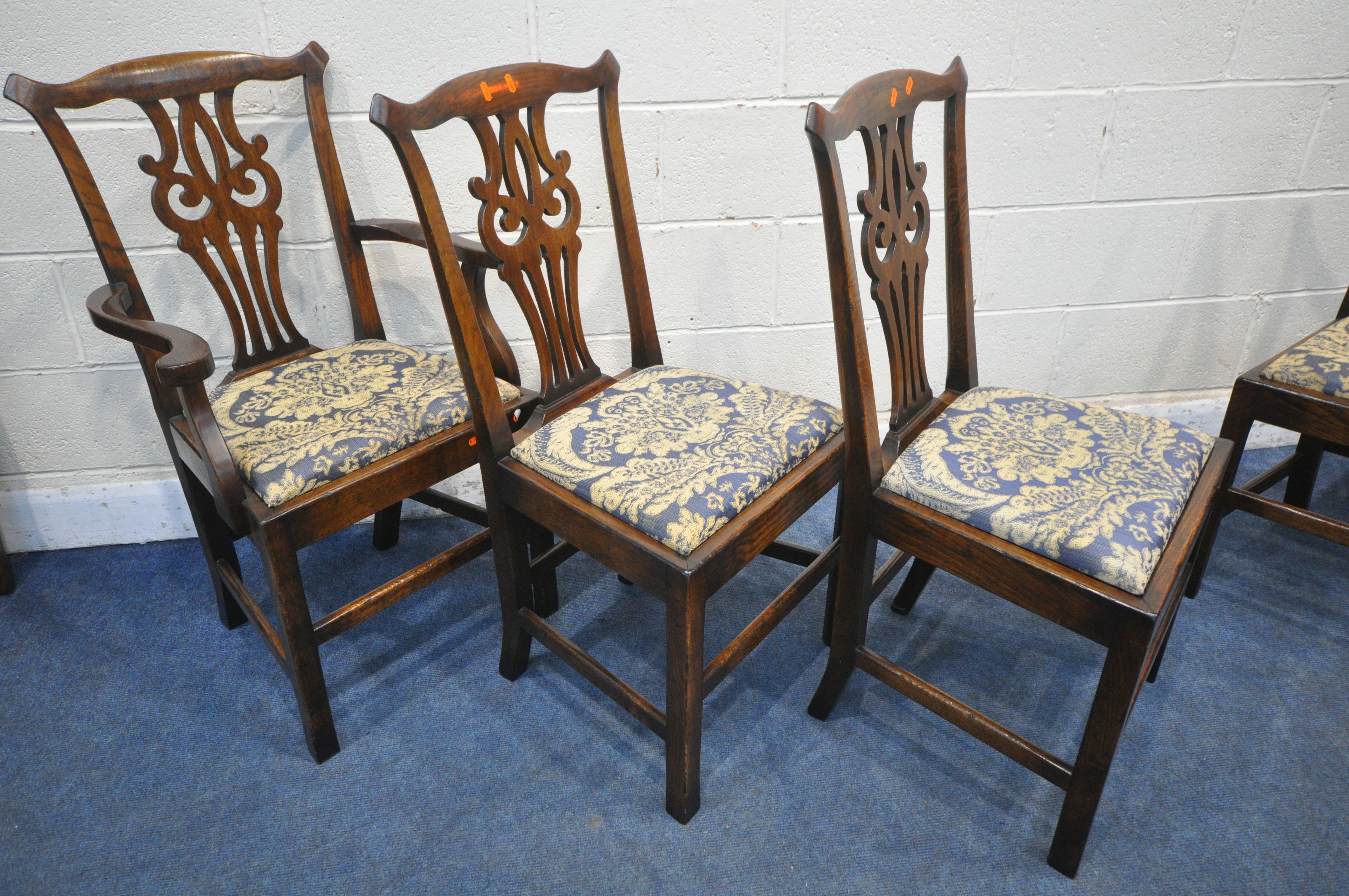 A SET OF SIX REPRODUCTION OAK CHIPPENDALE STYLE CHAIRS, including two carvers, open armrests, with - Image 2 of 5