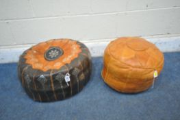 TWO MOROCCAN LEATHER PATTERNED POUFFES, diameter 50cm, the other tanned (condition report: general