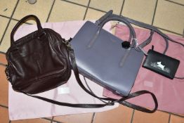 TWO RADLEY OF LONDON HANDBAGS, comprising a grey bag with shoulder strap with powder pink dust