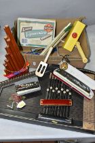 AN EARLY 20TH CENTURY AUTO HARP AND A BOX OF MUSICAL INSTRUMENTS, including a boxed Hero chromatic