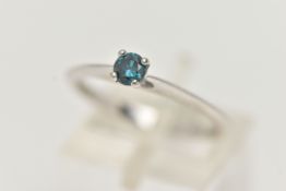 A SINGLE STONE DIAMOND RING, heat treated blue diamond four prong set in white gold, approximate