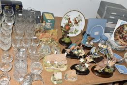 A GROUP OF CERAMICS, GLASS AND OTHER ORNAMENTS, to include a boxed Waterford Crystal dolphin, four