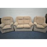 A G PLAN BEIGE AND RED PATTERNED THREE PIECE LOUNGE SUITE, comprising a two seater sofa, length