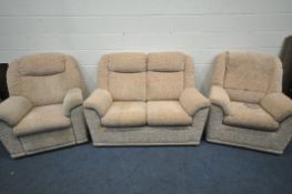 A G PLAN BEIGE AND RED PATTERNED THREE PIECE LOUNGE SUITE, comprising a two seater sofa, length
