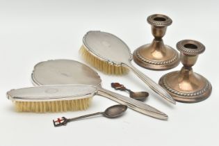 A SELECTION OF SILVER ITEMS, to include a three piece silver vanity set, engine turned pattern, each