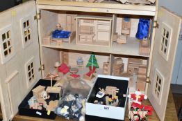 A CHILD'S WOODEN DOLLS HOUSE AND ACCESSORIES, natural wood finish, comes with small workshop, dolls,