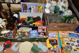 THREE BOXES AND LOOSE CERAMICS, GLASS, METAL WARES, TREEN, TOYS AND SUNDRY ITEMS, to include six