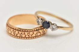 A LATE VICTORIAN 18CT GOLD WIDE BAND RING AND A GEM SET RING, the wide band with textured pattern,
