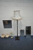 A SELECTION OF LAMPS AND MIRRORS, to include a mahogany standard lamp, a pair of marble table lamps,