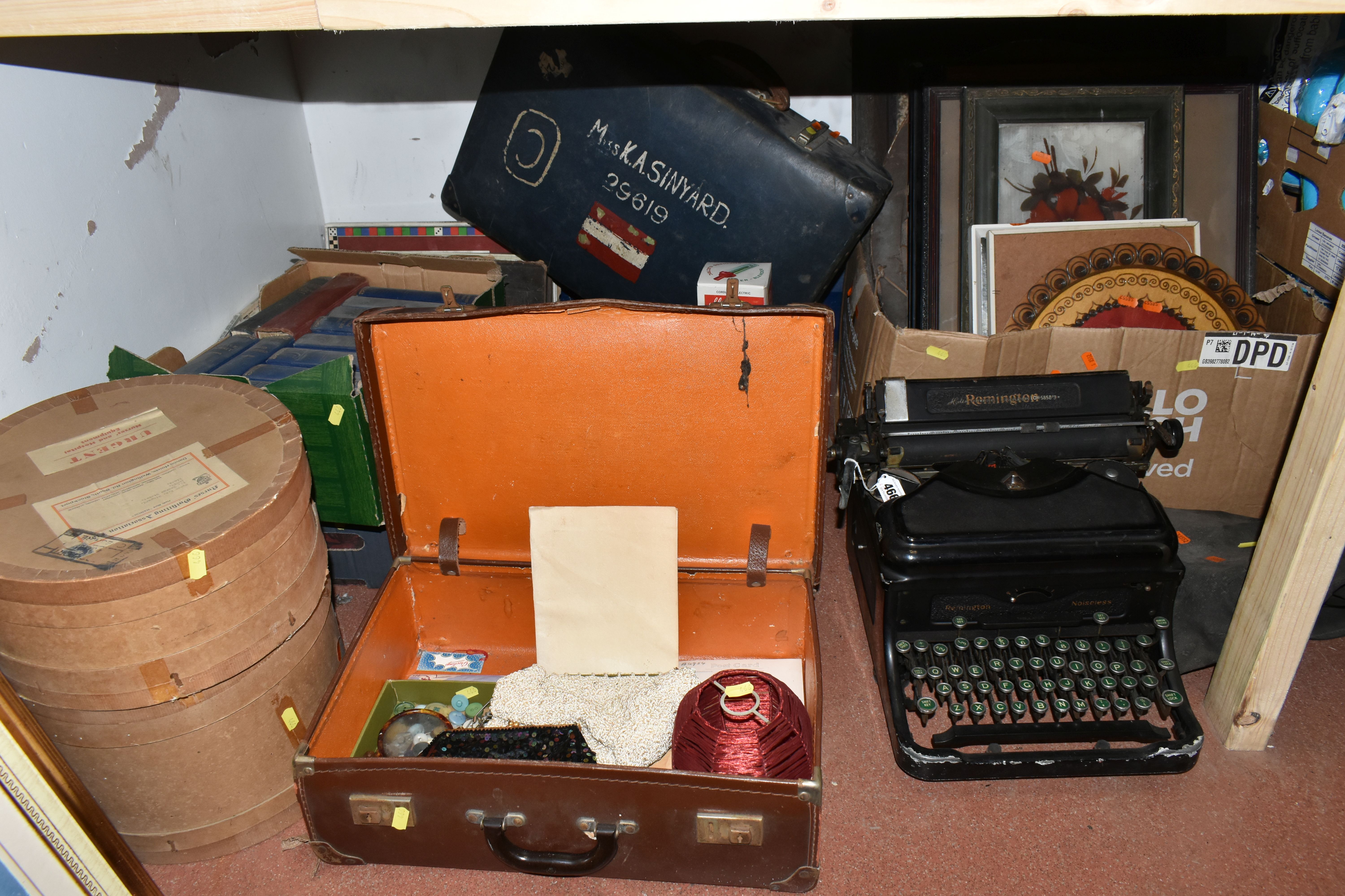 FOUR BOXES AND LOOSE VINTAGE SUITCASES, BOOKS, PICTURES, TYPEWRITER AND SUNDRY ITEMS, to include a