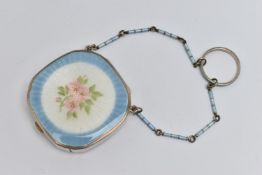 AN EDWARDIAN GUILLOCHE ENAMEL COMPACT, white metal compact, of a rounded square form, floral pattern