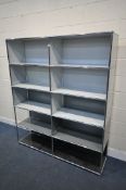 A USM HALLER MID CENTURY CHROME AND PRESSED STEEL OPEN SHELVING UNIT, with ten divisions, width