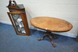 A VICTORIAN BURR WALNUT TILT TOP LOO TABLE, on a turned pillar support, for legs and castors, legs
