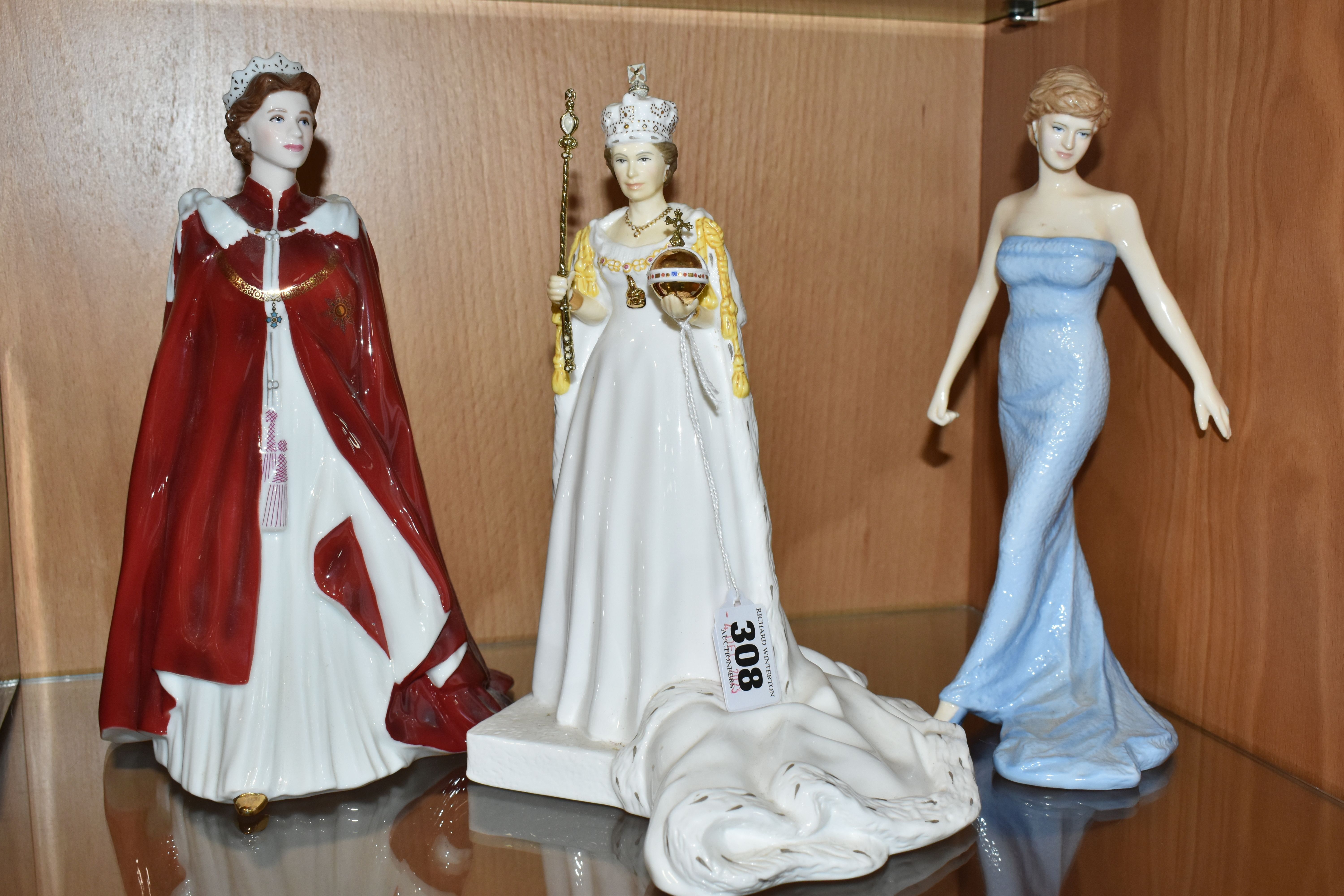 THREE ROYAL FIGURINES, comprising a Coalport figurine of Queen Elizabeth II at her coronation,