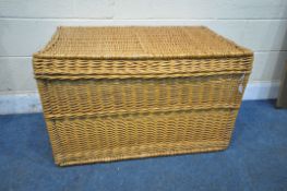 A LARGE RECTANGULAR WICKER BASKET, with hinged lid and twin handles, width 104cm x depth 59cm x