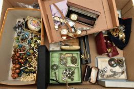 A BOX OF ASSORTED ITEMS, to include a small jewellery box with costume brooches and imitation