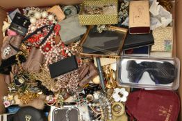 A BOX OF ASSORTED ITEMS, to include costume jewellery, necklaces, bracelets, earrings, brooches, two