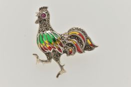A WHITE METAL PLIQUE A JOUR BROOCH, in the form of a cockerel, marcasite detail to the body with a