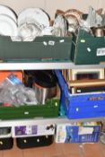 FOUR BOXES AND LOOSE CERAMICS, METAL WARES AND ELECTRICAL EQUIPMENT ETC, to include Royal Stafford