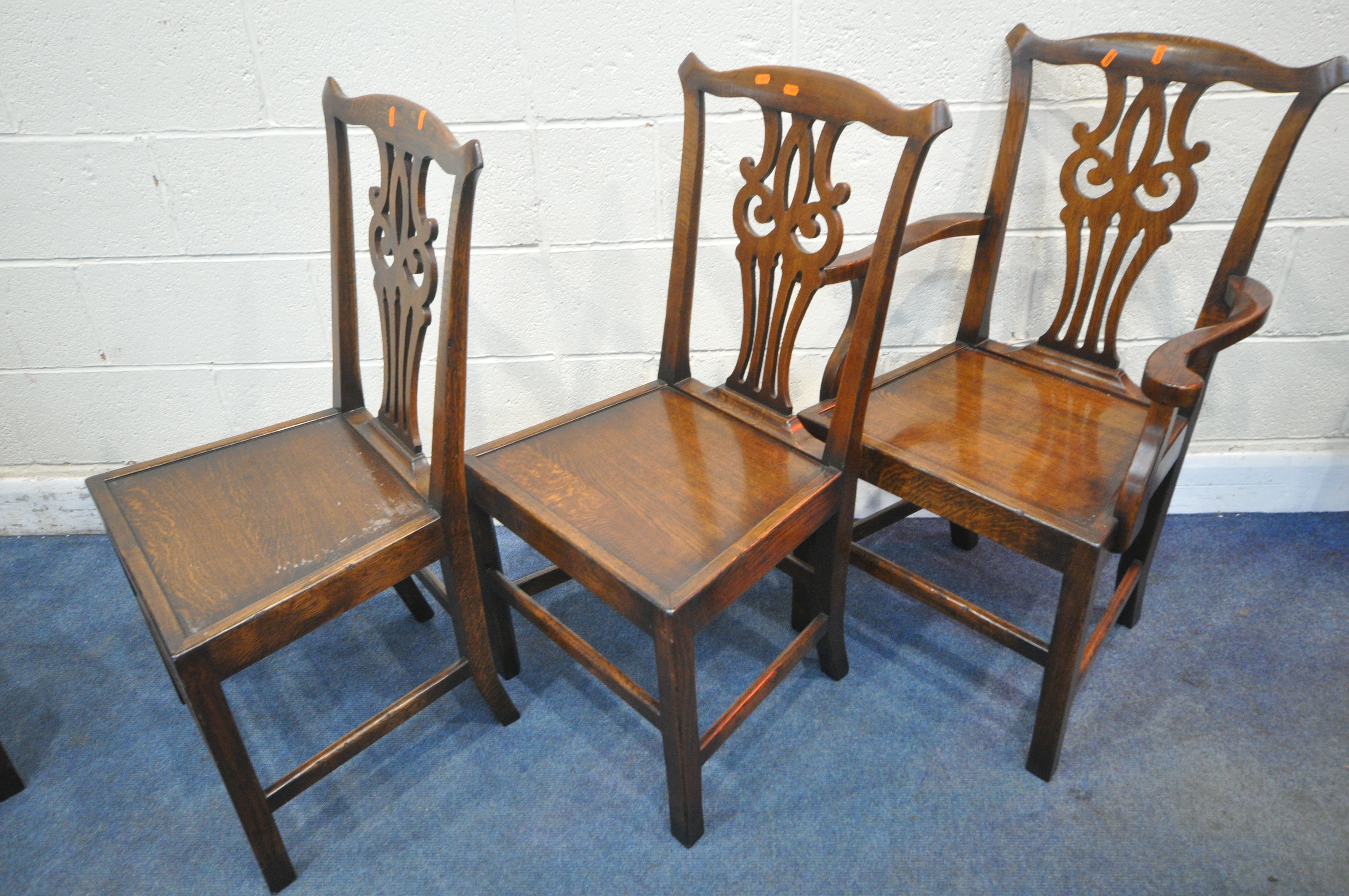 A SET OF SIX REPRODUCTION OAK CHIPPENDALE STYLE CHAIRS, including two carvers, open armrests, with - Image 3 of 5