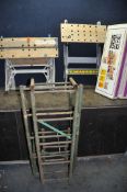 A VINTAGE STEEL FOLDING LADDER, a Black and Decker workmate, another folding workbench and two Raaco