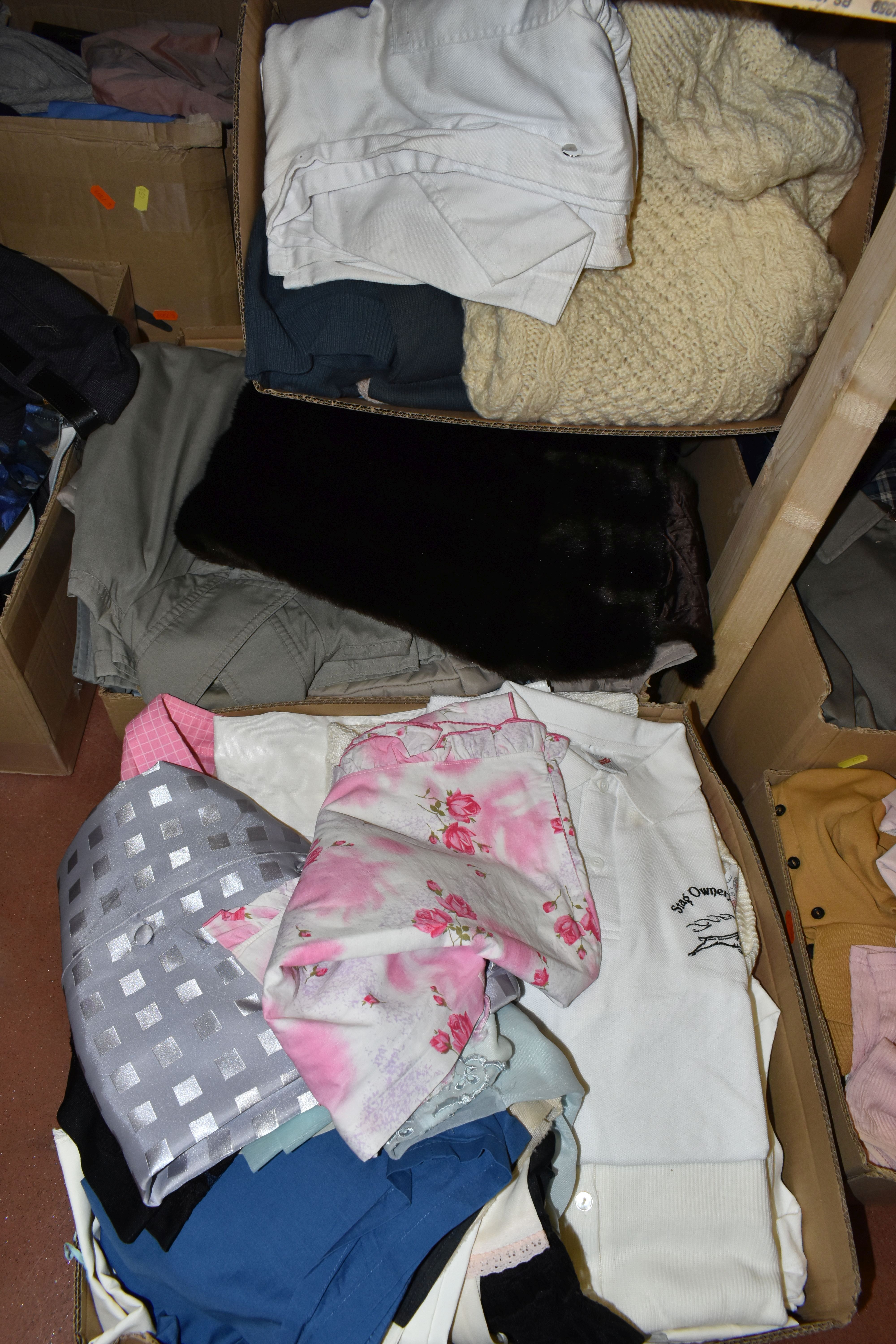 TEN BOXES OF CLOTHING, men's and ladies' clothes to include knitwear, coats, t-shirts, and trousers, - Image 3 of 7