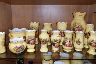 A GROUP OF AYNSLEY ORCHARD GOLD VASES AND PLANTERS, to include twelve vases, tallest 31cm - shortest