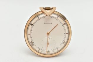 A 9CT GOLD 'GARRARD' POCKET WATCH, manual wind, round silver dial signed 'Garrard', alternating