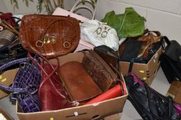 FOUR BOXES OF ASSORTED HANDBAGS, SHOULDER BAGS AND CLUTCH BAGS ETC, over fifty bags, brands