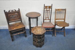 A 17TH CENTURY OAK LANCASHIRE CHAIR/HALL CHAIR, with scrolled crest, backrest depicting a mythical
