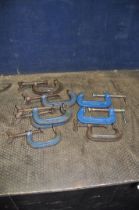 A TRAY CONTAINING SEVEN RECORD G CLAMPS of three sizes and three other G clamps (10)