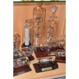 A COLLECTION OF GLASS SHIP IN A BOTTLE ORNAMENTS, comprising eight ships, most with wooden stands,