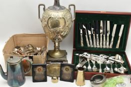 A BOX OF ASSORTED WHITE METAL WARE, to include a 'Butler' wooden canteen containing a six person