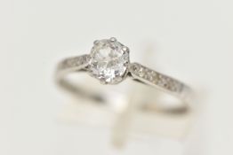 A PLATINUM SINGLE STONE DIAMOND RING, the old cut diamond in an eight claw setting, with three