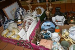 THREE BOXES OF CERAMICS AND SUNDRIES, to include a pair of marble and gilt metal table lamps, height