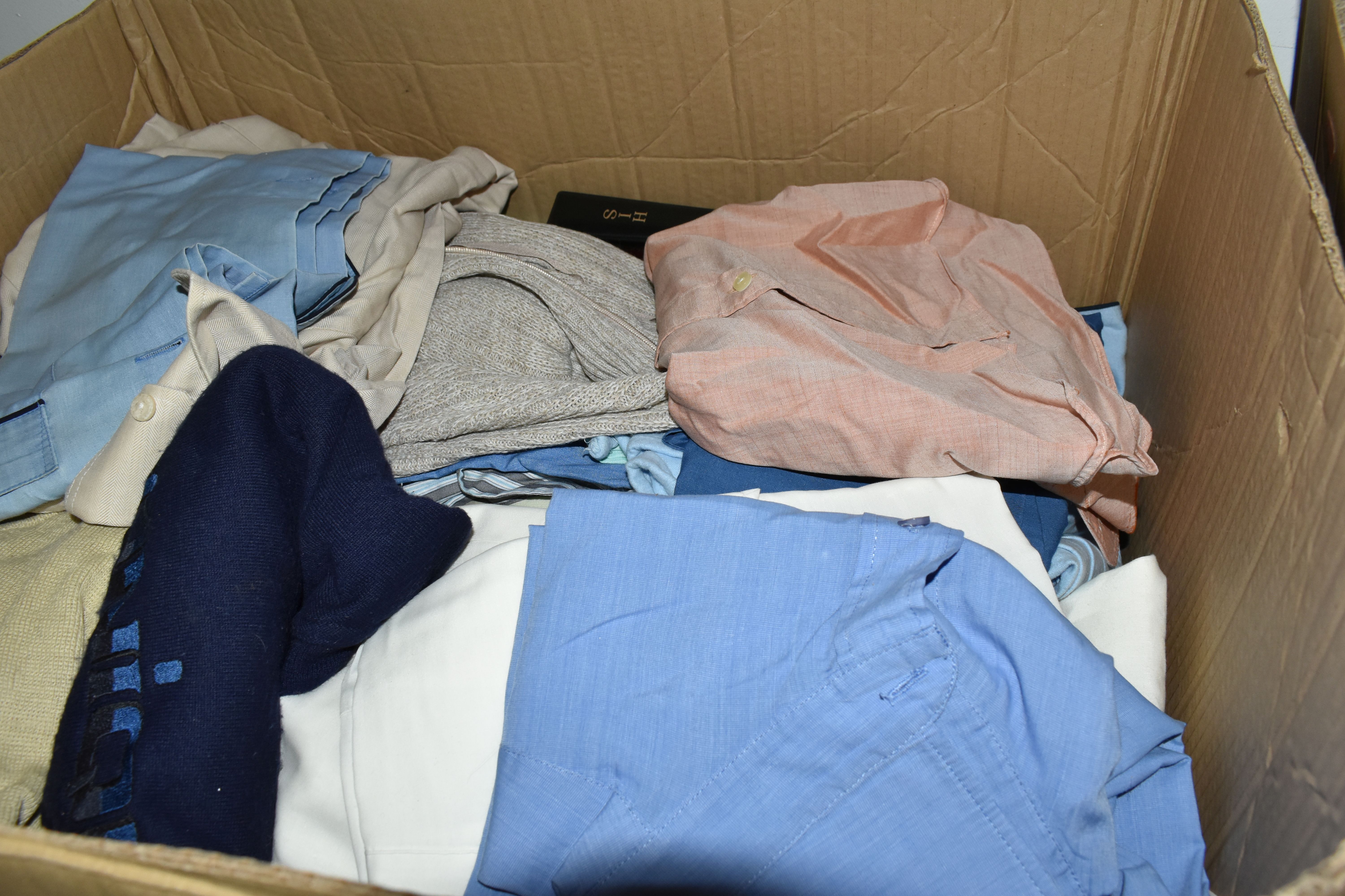 TEN BOXES OF CLOTHING, men's and ladies' clothes to include knitwear, coats, t-shirts, and trousers, - Image 5 of 7