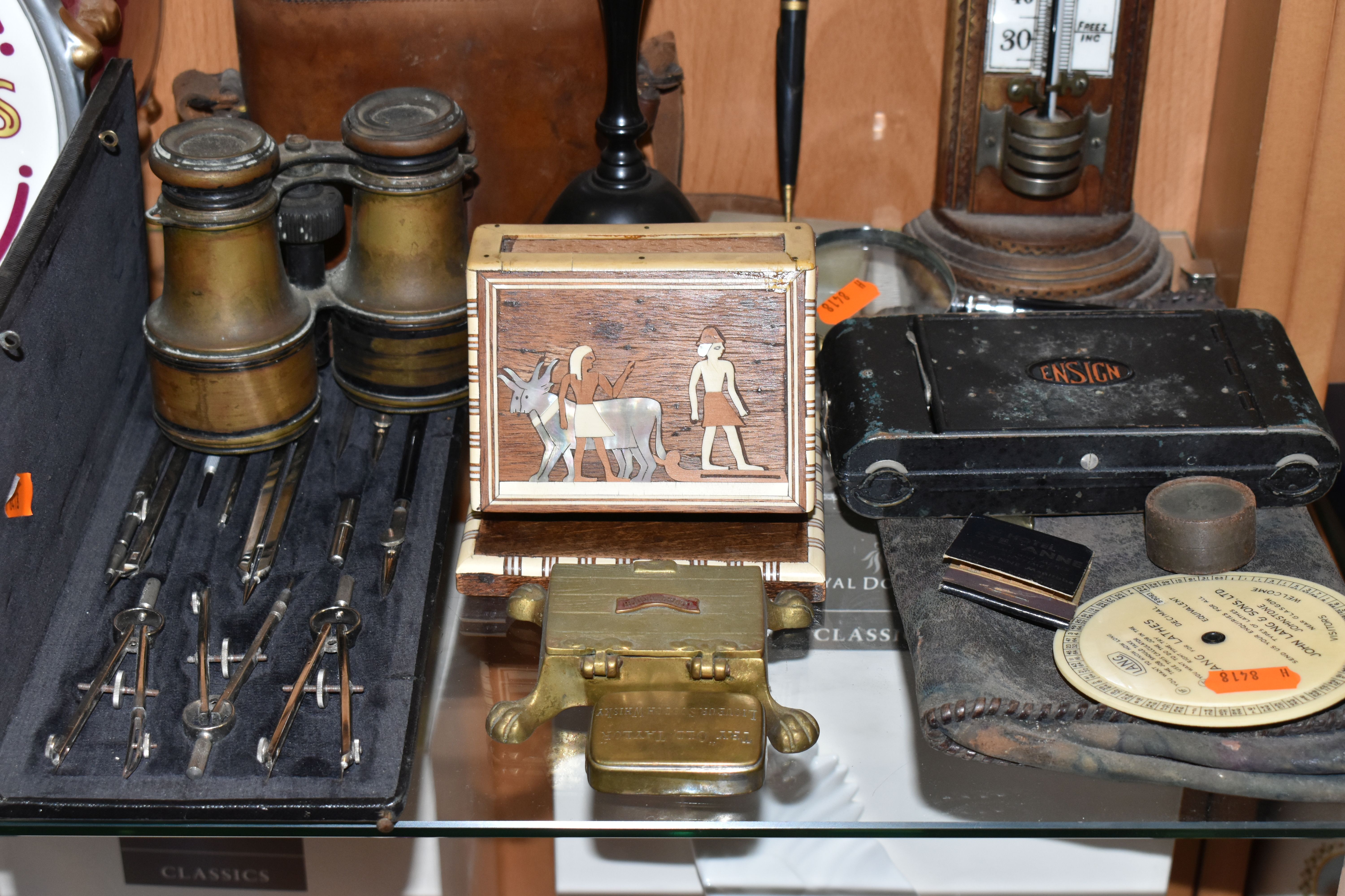 A GROUP OF LATE 19TH/EARLY 20TH CENTURY TREEN AND BINOCULARS, comprising an ebony 'Egg' sock darner,