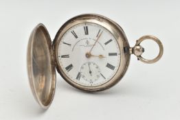 AN EDWARDIAN SILVER FULL HUNTER POCKET WATCH, the white face with black Roman numerals, stamped John