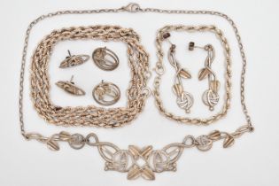 AN ASSORTMENT OF SILVER AND WHITE METAL JEWELLERY, to include a silver rope chain, hallmarked