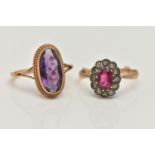 TWO GEM SET RINGS, the first an elongated oval cut amethyst, collet set in yellow gold with rope
