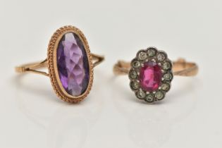 TWO GEM SET RINGS, the first an elongated oval cut amethyst, collet set in yellow gold with rope