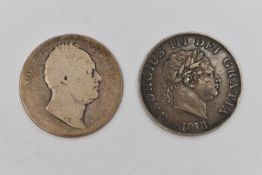 A 1818 GEORGE III HALFCROWN COIN, together with a worn William IV 1834 Halfcrown coin