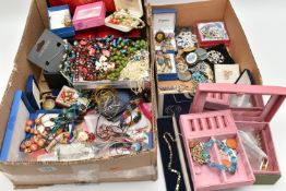A BOX OF ASSORTED COSTUME JEWELLERY, to include a black jewellery box, a grey and pink fabric