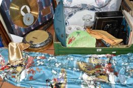 TWO BOXES AND LOOSE UKELELE BANJO, GLASS, CERAMICS, LINENS AND SUNDRY ITEMS, to include a short