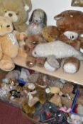 A LARGE QUANTITY OF TEDDY BEARS AND SOFT TOYS, to include a Marks & Spencer 'Winnie The Pooh' hot