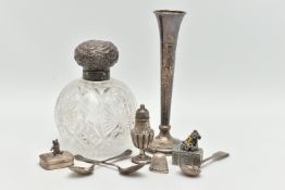A SELECTION OF SILVER ITEMS, to include posy vase with weighted round base, hallmarked Birmingham, a