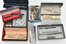 A BOX OF ASSORTED PENS, to include a 'Sheaffer' ball point pen, together with signed box, four '
