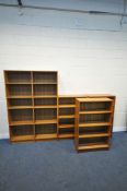 A SELECTION OF TEAK EFFECT OPEN BOOKCASES, largest width 118cm x depth 29cm height 182cm,